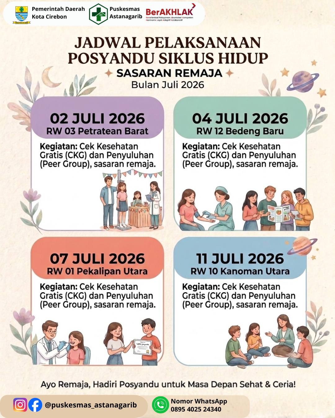 Jadwal Pelaksanaan Posyandu Siklus Hidup Sasaran Remaja
Bulan Juni 2026